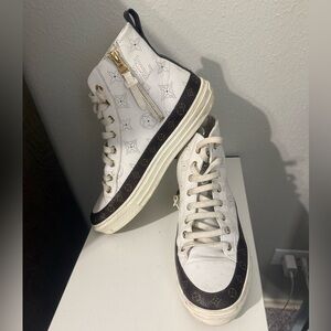 Louis Vuitton White Leather High-Top Sneakers with Brown Monogram Trim